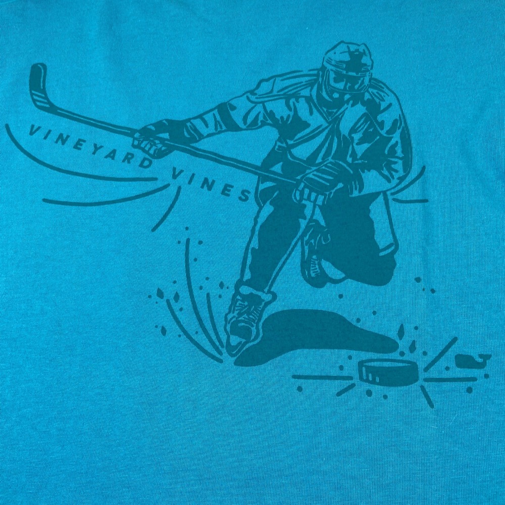 Vineyard Vines Mens S Long Sleeve‎ Hockey Graphic T Shirt Teal Take The Shot NEW